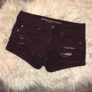 Red distressed AEO shorts